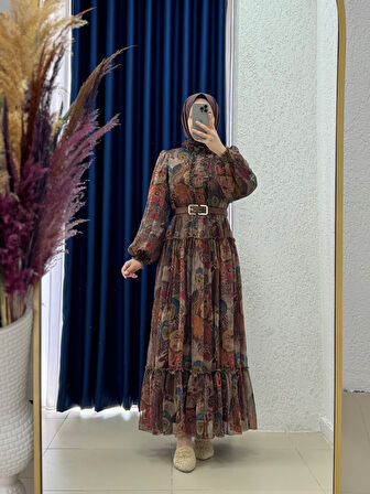 Sermora Desenli Şifon Elbise-PA9645 Kahve