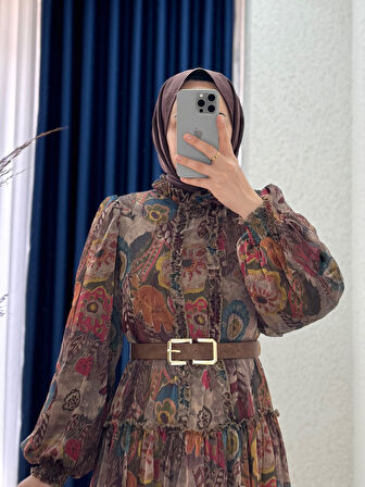 Sermora Desenli Şifon Elbise-PA9645 Kahve