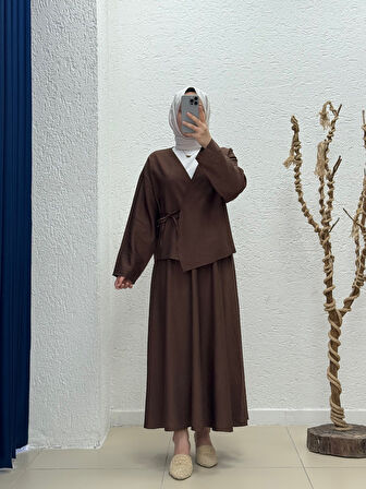Serona Üstü Kimono Etekli Çilek Takım-EK556-AS079 Kahve