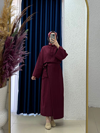 Serista Eteği Yandan Bağlamalı Keten Takım-EK262 Bordo