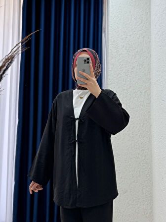 Serisa Önü  Bağlamalı Pantolonlu Takım-TN0007 Siyah