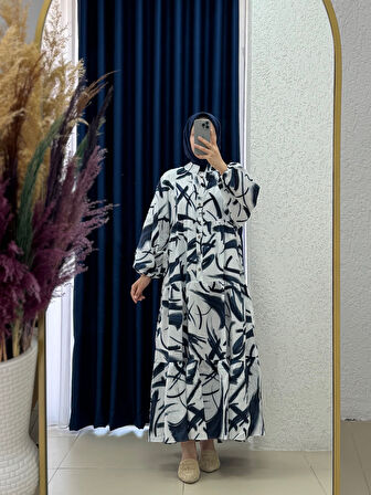 Serina Desenli Elbise-SA2559 Lacivert