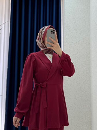Sormora Kuşak Detaylı Ceketli Pantolonlu Takım-AS471 Bordo