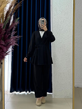Sormora Kuşak Detaylı Ceketli Pantolonlu Takım-AS471 Siyah
