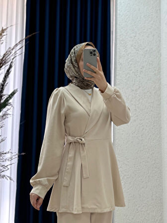Sormora Kuşak Detaylı Ceketli Pantolonlu Takım-AS471 Taş