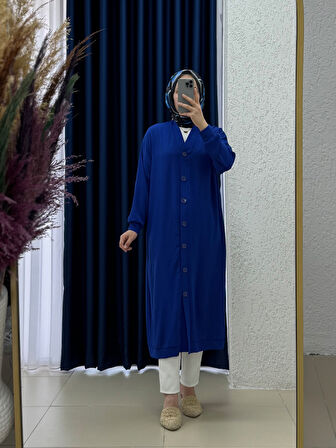 Serelle Önü Düğmeli Ayrobin Uzun Hırka-FA793 Saks