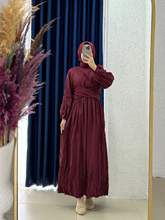 Seredra Çapraz Bağlamalı Kırışık Elbise-BN4439 Bordo