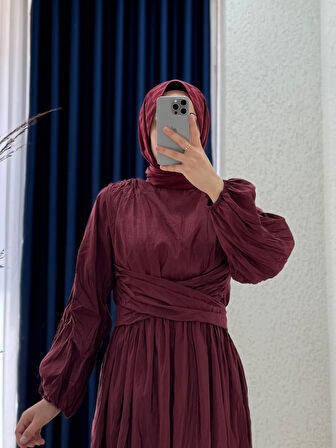 Seredra Çapraz Bağlamalı Kırışık Elbise-BN4439 Bordo