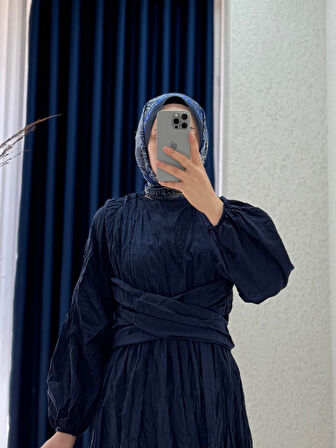 Seredra Çapraz Bağlamalı Kırışık Elbise-BN4439 Lacivert