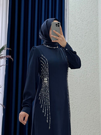 Sanora Yanları ve Boynu Taş İşlemeli Krep Elbise-GE1040 Lacivert