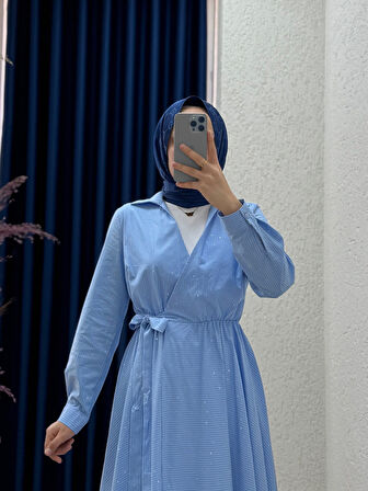 Ravuna Bağlamalı Çizgili Pırıltılı Elbise-BY91097 Mavi