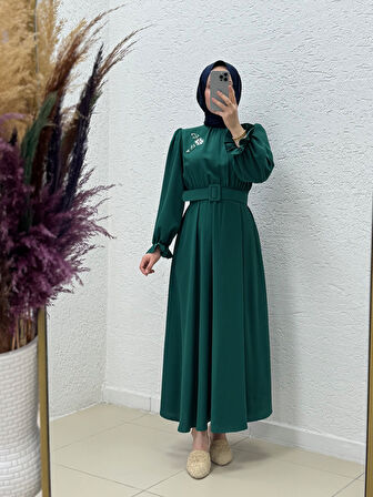 Orelesia Bel ve Kol Lastikli Bronşlu Twil Elbise-EK1144 Zümrüt Yeşili