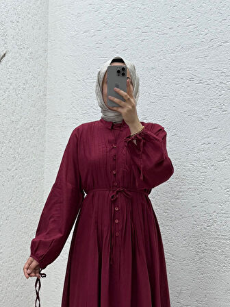 Orelita Önü Düğmeli ve Pileli Elbiseli Takım-BN4449 Bordo