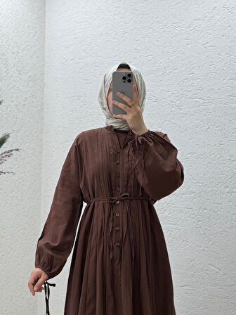 Orelita Önü Düğmeli ve Pileli Elbiseli Takım-BN4449 Kahve
