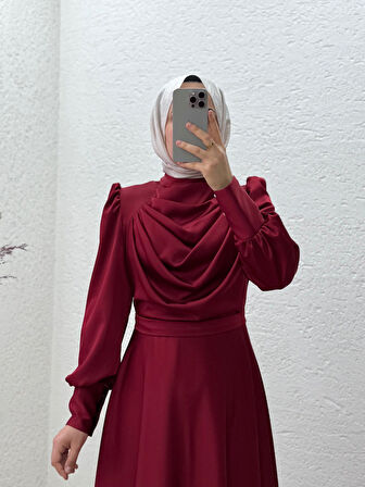 Orelenya Önü Büzgülü Saten Abiye-GE8112 Kırmızı
