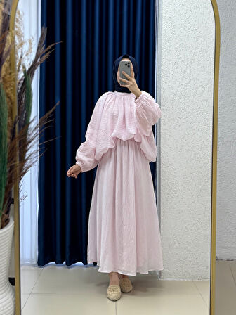 Miruna Dalgalı Keten Vual Balon Kol Etekli Takım-MF1794 Pembe