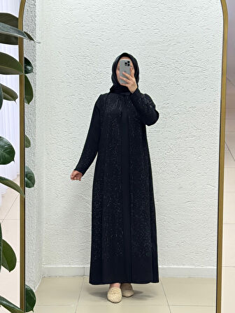 Nubella Kolları ve Önü Taşlı İkili Ferace-MB8509 Siyah