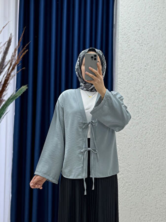 Mironia Önü Bağcıklı Cupra Kısa Kimono-MF212 Gri