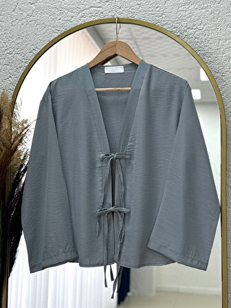 Mironia Önü Bağcıklı Cupra Kısa Kimono-MF212 Gri