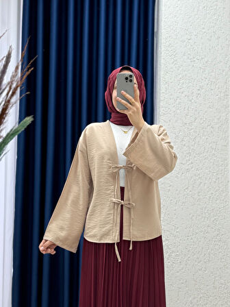 Mironia Önü Bağcıklı Cupra Kısa Kimono-MF212 Vizon