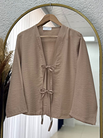 Mironia Önü Bağcıklı Cupra Kısa Kimono-MF212 Vizon
