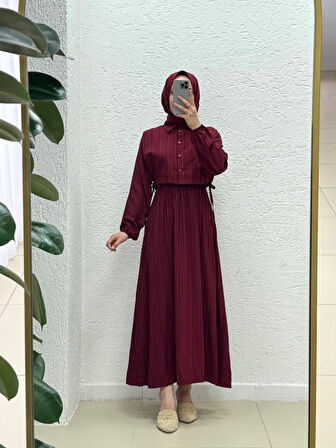 Miretta Yelekli Beli Lastikli Nada Elbise-Çİ510 Bordo