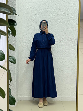 Miretta Yelekli Beli Lastikli Nada Elbise-Çİ510 Lacivert