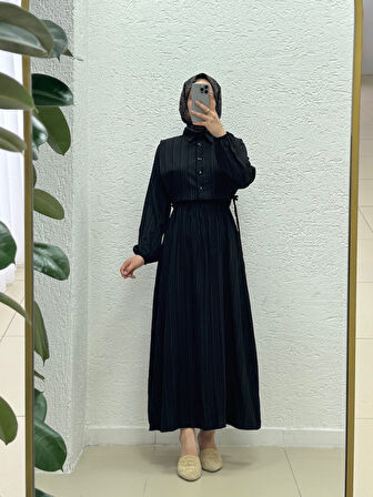 Miretta Yelekli Beli Lastikli Nada Elbise-Çİ510 Siyah