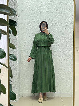 Miretta Yelekli Beli Lastikli Nada Elbise-Çİ510 Yeşil