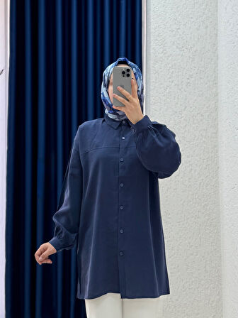 Yelilia Bağcıklı Robalı Modal Gömlek-PE223 Lacivert