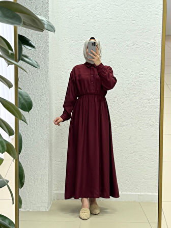 Mireva Yarım Patlı Beli Lastikli Elbise-AS4078 Bordo