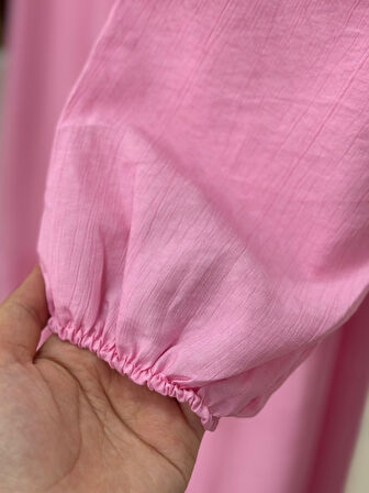 Miressa Boydan Düğmeli Kemerli Çilek Elbise-PE620 Pembe