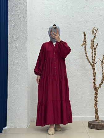 Yazlık Tesettür Elbise/Melina Düğmeli Çilek Elbise-KN9658 Bordo