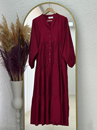 Yazlık Tesettür Elbise/Melina Düğmeli Çilek Elbise-KN9658 Bordo