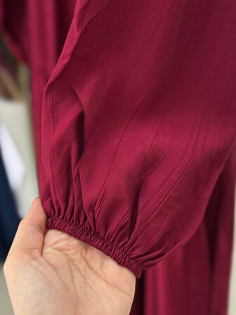 Yazlık Tesettür Elbise/Melina Düğmeli Çilek Elbise-KN9658 Bordo