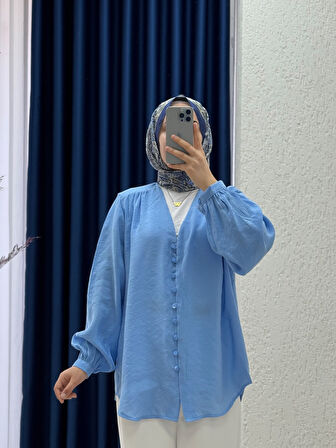 Zaryla V Yaka Boydan Düğmeli Pes Modal Gömlek-NL361 Mavi