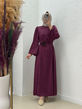 Nevin Taşlı Güllü Saten Elbise-BN4346 Bordo