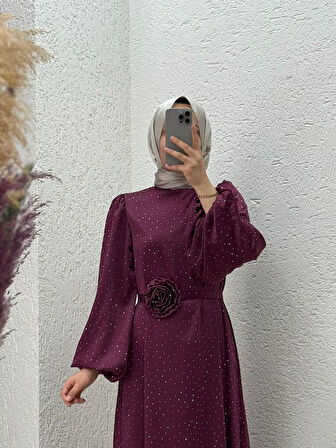Nevin Taşlı Güllü Saten Elbise-BN4346 Bordo