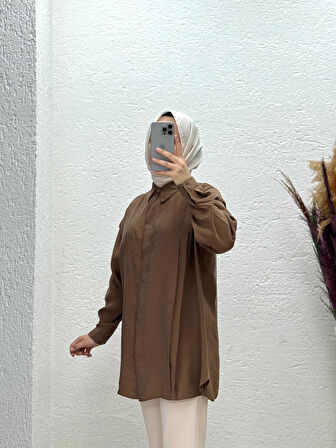 Melera Önü Şeritli İnce Biyeli Cupra Gömlek-EK576 Kahve