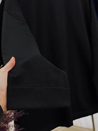 Rukiye Dikiş Detaylı Yırtmaçlı Sweatshirt-EU2755 Siyah