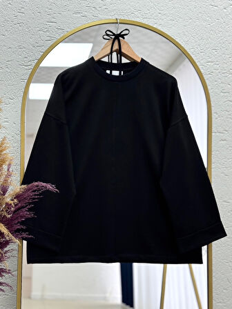 Rukiye Dikiş Detaylı Yırtmaçlı Sweatshirt-EU2755 Siyah