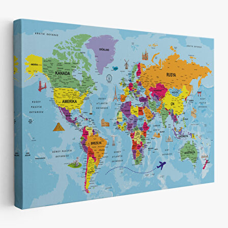 Harita Sepeti Türkçe Dünya Haritası Kanvas Tablo Son Derece Detaylı ve Dekoratif-1989