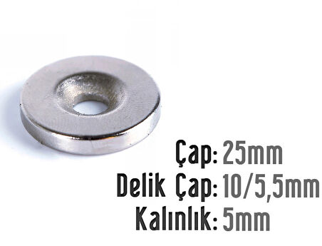 Neodyum Mıknatıs Yuvarlak Havşalı Çap 25mm (delik 10/5.5mm) Kalıklık 5mm 2 Adet