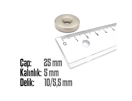 Neodyum Mıknatıs Yuvarlak Havşalı Çap 25mm (delik 10/5.5mm) Kalıklık 5mm 2 Adet