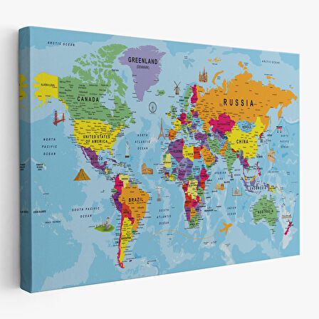 Harita Sepeti Dünya Haritası Kanvas Tablo Son Derece Detaylı Dekoratif Okyanuslu-1990