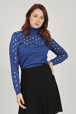 Two Mail Kadın Yırtıklı Balıkçı Yaka Kazak 3081726 Saks