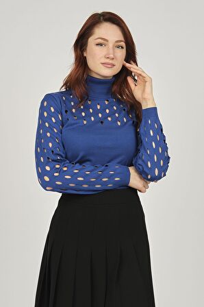 Two Mail Kadın Yırtıklı Balıkçı Yaka Kazak 3081726 Saks