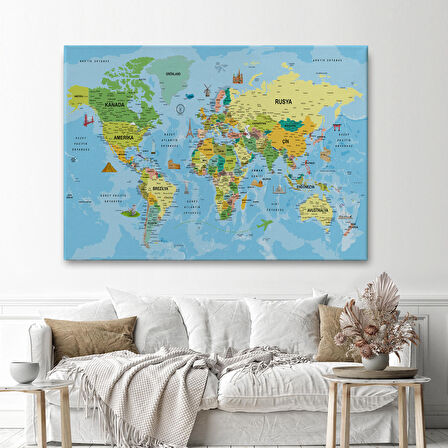 Harita Sepeti Türkçe Dünya Haritası Kanvas Tablo Son Derece Detaylı ve Dekoratif-1991