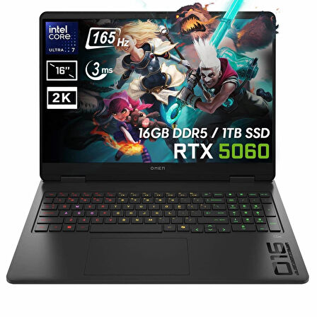 HP OMEN 16-am0018nt Intel Core Ultra 7-255H 16GB DDR5 1TB SSD RTX5060 8GB GDDR7 16 inç 2K 165Hz 3ms IPS FreeDos Gaming Laptop (BQ1Z1EA)