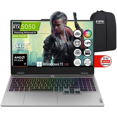 Loq 15AHP10 Amd Ryzen 7 250 RTX5050 100W 24GB Ram 2tb SSD 15.6" Fhd IPS 144Hz W11 83JG006CTR Taşınabilir Bilgisayar